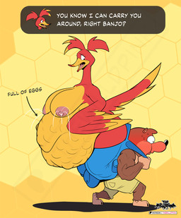 anthro bodily_fluids brown_body brown_fur carrying_another dialogue_box duo egg feathers female fur lactating male male/female milk muscular overweight red_body red_feathers text thewilldpink banjo-kazooie rareware banjo_(banjo-kazooie) kazooie avian bear bird mammal 2025 english_text hi_res watermark