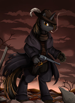 alternate_universe biped cigarette clothing cybernetic_arm cybernetic_limb cybernetics disability gun handgun hat headgear headwear horn machine male pistol ranged_weapon revolver ruins smoking solo wasteland weapon pridark fallout fallout_equestria hasbro microsoft my_little_pony mythology blindfire_(way2savage4you) fan_character cyborg equid equine horse mammal mythological_creature mythological_equine pony unicorn 2019 absurd_res hi_res signature
