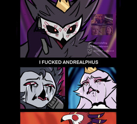 anthro black_eyes bodily_fluids cellphone crown crying dialogue electronics female frown funny_face fur grey_body grey_fur grey_hair group hair headgear holding_object holding_phone humor long_hair male phone red_eyes red_hair shitpost shocked short_hair silly smile tears text white_body white_face white_fur white_hair white_text bombshelling notsafeforwank breaking_bad hellaverse helluva_boss paimon_(helluva_boss) stella_(helluva_boss) stolas_(helluva_boss) vassago_(helluva_boss) walter_white anatid anseriform anserine avian avian_demon bird demon human mammal owl owl_demon parrot swan comic english_text hi_res meme reference_image