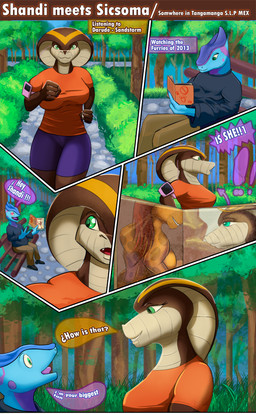 2_fingers 2_toes 5_fingers anthro bench big_breasts biped blue_body blue_head blue_skin blue_sky bone_frill bottomwear breasts brown_body claws clothed clothing colored_nails dialogue digitigrade exclamation_point eye_contact feet female fingers footwear frill_(anatomy) green_eyes head_markings heart_eyes heart_symbol jogging listening_to_music looking_at_another looking_at_partner lycra_shorts male male/female markings multicolored_body nails non-mammal_breasts on_bench orange_clothing orange_shirt orange_topwear outside park plant purple_lines purple_nails purple_tongue reading reading_magazine scales shirt shoes shorts shrub sitting sitting_on_bench sky snake_hood spandex spandex_shorts speech_bubble stone_floor surprised sweater talking_to_another talking_to_partner tanned_skin text text_box tight_bottomwear tight_clothing tight_shorts toes tongue topwear tree yelling sicsoma puzzle_(kadath) shandi sicsoma_(sicsoma) chameleon cobra lizard reptile scalie snake absurd_res comic digital_media_(artwork) digital_painting_(artwork) english_text hi_res painting_(artwork)