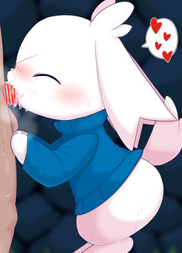 ambiguous_gender balls blue_clothing blue_sweater blue_topwear blush blush_lines bodily_fluids censor_bar censored_genitalia censored_penis clothing cum cum_in_mouth cum_inside duo eyes_closed fellatio fur genital_fluids genitals heart_symbol male oral penile penis semi-anthro sex sweat sweatdrop sweater tail tongue tongue_out topwear white_body white_ears white_fur white_tail kajiura cave_story sue_sakamoto human lagomorph mammal mimiga 2026 absurd_res censored hi_res female_(lore)