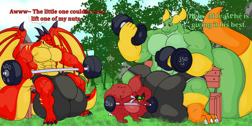 abs anthro athletic balls barbell belly bench big_balls big_bulge big_butt big_muscles big_pecs big_penis big_tail bodily_fluids bottomwear broken_horn bulge butt clothing dialogue freckled_butt freckles genitals grass group horn huge_balls huge_bulge huge_butt huge_penis huge_tail hyper hyper_balls hyper_genitalia hyper_penis male muscular muscular_anthro muscular_male park park_bench pecs penis plant short_tail shorts shortstack shortstack_male sweat tail text tree trio wings omegadragon11_(artist) mythology bishop_(mngoez) hookjaw_(mngoez) omegadragon11 dragon kobold mythological_creature mythological_scalie scalie 2:1 absurd_res english_text hi_res