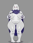 anthro areola big_breasts blush blush_lines breasts clothed clothing dress eyelashes fangs female floppy_ears front_view fur genitals grey_areola grey_background grey_nipples horn huge_breasts looking_at_viewer lop_ears mature_anthro mature_female nipples overweight overweight_anthro overweight_female pubes pubic_stubble purple_clothing purple_dress pussy raised_clothing raised_dress red_eyes simple_background solo teeth thick_thighs white_body white_fur white_horn wide_hips necroeddie undertale_(series) toriel boss_monster_(undertale) bovid caprine goat mammal absurd_res hi_res