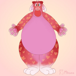 3_toes 4_fingers anthro belly big_belly big_feet feet fingers fur fur_markings green_eyes heart_ears heart_pawpads heart_symbol heterochromia long_ears looking_at_viewer male markings overweight pawpads pink_background pink_belly pink_body pink_fur pink_pawpads red_body red_fur simple_background smile solo spread_arms toes white_body white_feet white_fur wide_hips yellow_eyes monocerus lubb_(monocerus) hybrid 1:1 absurd_res hi_res
