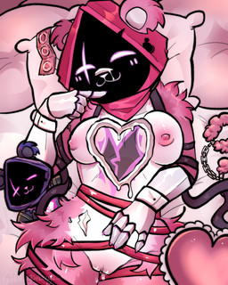anthro armor bed blush breasts clothing condom cuff_(restraint) dairy_products female food front_view fur furniture gauntlets genitals gloves handcuffs handwear heart_pillow lying lying_on_bed metal_cuffs on_bed pillow pink_body pink_fur plushie restraints ribbons sexual_barrier_device solo vulva whipped_cream white_body white_fur h0t-garbage epic_games fortnite raven_team_leader bear mammal 4:5 absurd_res hi_res shaded