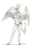 anthro breasts clothing eyebrows feathered_wings feathers female hands_on_hips hooves looking_at_viewer navel panties solo text text_on_clothing text_on_topwear topwear underwear unguligrade wings baron_engel friendship_is_magic hasbro my_little_pony mythology cloud_chaser_(mlp) equid equine mammal mythological_creature mythological_equine pegasus 2022 graphite_(artwork) greyscale hi_res monochrome traditional_media_(artwork)