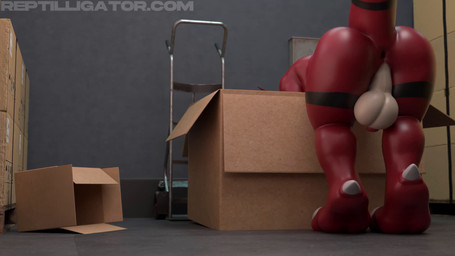 anthro anus backsack balls belly bent_over big_balls big_butt big_tail black_markings box butt cardboard cardboard_box container eyes_closed foreskin genitals looking_at_viewer male male_anthro markings nude penis perineum red_body smile solo standing surprised tail thick_thighs turning_around warehouse white_belly reptilligator reptilligator_(modeler) bandai_namco digimon digimon_(species) guilmon 16:9 3d_(artwork) 3d_animation animated blender_(artwork) blender_cycles_(artwork) digital_media_(artwork) hi_res no_sound short_playtime video widescreen