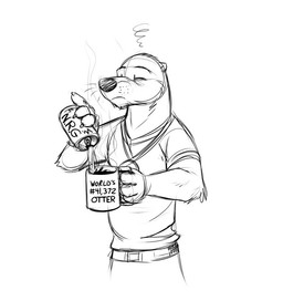 4_fingers anthro belt beverage beverage_can black_nose can claws clothed clothing coffee coffee_mug container cup energy_drink eyebrows eyes_closed fingers hashtag holding_coffee_mug holding_container holding_cup holding_mug holding_object male mug number number_on_container number_print pouring print_container print_mug relatable simple_background small_ears solo text_on_container text_print tired whiskers white_background temiree mammal mustelid otter 2015 digital_media_(artwork) monochrome sketch