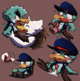 3_toes 4_fingers abdominal_bulge anal anal_penetration animal_genitalia anthro anus aroused beak blue_body blue_feathers blush bodily_fluids bottomless bottomless_anthro bottomless_male brown_hair bulge butt carrying_another carrying_partner chair claws clothed clothing countershade_face countershade_torso countershading cum cum_in_ass cum_inside driving drooling duo ejaculation embarrassed eyebrows eyes_closed feathers feet fellatio fingers frown furniture genital_fluids genital_slit genitals green_body green_feathers hair hat headgear headwear jacket leaking_anus leaking_cum licking lying male male/male on_back open_mouth oral penetration penile penis penis_lick pink_penis raised_leg red_penis saliva sex sitting size_difference smile spread_legs spreading steering_wheel surprised tail tail_feathers talons tapering_penis thick_eyebrows thought_bubble toes tongue tongue_out topwear twitching white_body white_feathers wings yellow_beak conditional_dnp kazoko_(artist) haywood joey_the_delivery_bird hi_res multiple_images