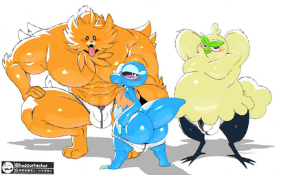 anthro anthrofied balls_in_underwear barely_visible_genitalia barely_visible_penis beak belly big_butt big_muscles big_pecs black_talons blue_body blue_scales blue_tail breath bulge butt clothed clothing crouching eyebrows fluffy fluffy_tail flustered fur genitals glistening glistening_body glistening_butt glistening_muscles green_body green_eyebrows group hand_on_butt hand_on_own_butt hands_behind_back huge_muscles huge_pecs leaf leaf_eyebrows looking_at_viewer male muscular muscular_anthro muscular_male nipples nude open_mouth orange_body orange_ears orange_fur orange_toes overweight overweight_anthro overweight_male panting pecs penis pupils purple_pupils scales shadow shirt simple_background size_difference tail text tongue tongue_out topwear torn_clothing torn_shirt torn_topwear trio underwear underwear_only white_background white_clothing white_pupils white_underwear had0u nintendo pokemon pokemon_winds_and_waves browt gecqua generation_10_pokemon pokemon_(species) pombon 2026 artist_name hi_res