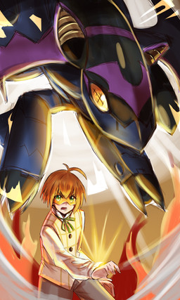 aircraft airplane blonde_hair blue_eyes bottomwear claws clothing duo feral hair jet machine male ribbons shorts vehicle visor yellow_eyes doodledigi bandai_namco digimon digimon_beatbreak makoto_kuonji digimon_(species) human living_aircraft living_machine living_vehicle mammal scourgechiropmon 3:5 absurd_res hi_res