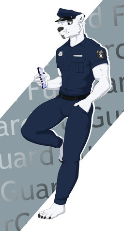 anthro badge calm cellphone clothing electronics looking_at_viewer male phone police police_hat police_officer police_uniform solo standing_pose uniform urban wall_(structure) nikrebelis harleo bear mammal polar_bear ursine absurd_res hi_res