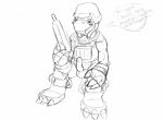 anthro biped embarrassed erection genitals gun holding_gun holding_object holding_ranged_weapon holding_weapon male military penis ranged_weapon sighing simple_background sitting soldier solo text unwanted_erection warrior weapon heibanhikaru bandai_namco digimon commandramon digimon_(species) english_text monochrome sketch