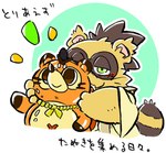 anthro biped blush brown_body clothed clothing duo green_eyes kemono text okudami sengoku_puzzle tokugawa_ieyasu canid canine mammal raccoon_dog tanuki 2022 japanese_text