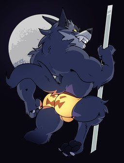 anthro bare_back biceps biped black_body black_fur black_nose bulge butt claws clothed clothing full_moon fur hair holding_object holidays looking_back male moon muscular muscular_anthro muscular_male night outside pawpads paws pole rear_view simple_background smile solo standing teeth three-quarter_view underwear haps halloween mythology canid canine canis mammal mythological_canine mythological_creature werecanid werecanine werecreature werewolf wolf 2018 absurd_res digital_media_(artwork) hi_res