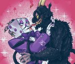 blush duo food forked_tongue horn long_tongue male male/male pencil_mustache pocky_in_mouth tongue captainkaprozyx cuphead_(game) pocky king_dice the_devil_(cuphead) demon humanoid 2017