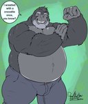 amber_eyes anthro beard belly big_belly bottomwear clothed clothing denim denim_bottomwear denim_clothing dialogue facial_hair fur grey_body grey_fur grey_hair hair hand_on_arm jeans male musclegut muscular muscular_anthro muscular_male navel overweight overweight_anthro overweight_male pants simple_background smile solo speech_bubble topless deadanthro greg_(deadanthro) ape gorilla haplorhine mammal primate 2020