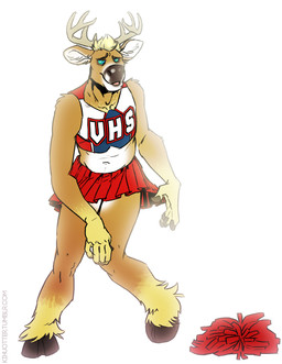 5_fingers anthro blonde_hair bottomwear cheerleader clothed clothing cross-eyed crossdressing femboy fingers hair half-closed_eyes hooves horn humiliation hypnosis male midriff mind_control narrowed_eyes navel open_mouth open_smile pom_poms ringed_eyes simple_background skirt smile solo white_background kihu deer mammal 2015 hi_res