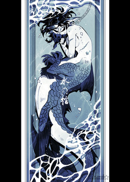 amputee breasts chain chain_leash countershading disability eyes_closed female hair horn leash missing_arm scales scar solo split_form text sinzui aquatic humanoid_merfolk merfolk 2021 hi_res japanese_text