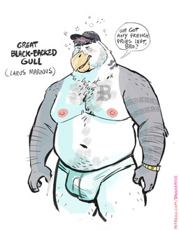 anthro arm_hair baseball_cap beak belly big_belly biped body_hair brown_hair bubble bulge clock clothed clothing drunk drunk_bubble hair hat headgear headwear male moobs mostly_nude_anthro mostly_nude_male nipples non-mammal_nipples overweight overweight_anthro overweight_male solo standing substance_intoxication text underwear underwear_only watch wristwatch dramamine avian bird gull lari larid english_text hi_res