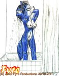 2002 anthro bathing blue_body blue_fur blue_hair breasts canid canine copyright_symbol female fox fur genitals hair hcg krystal_(star_fox) mammal nintendo nipples nude pussy shower showering solo star_fox symbol tail text wet white_body white_fur