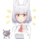 5_fingers arm_sling blue_bow blush breasts clothed_female duo female female_humanoid fingers grey_hair hair inner_ear_fluff looking_at_viewer medium_breasts open_mouth simple_background tuft white_background yellow_eyes sifserf machikado_mazoku humanoid 2022