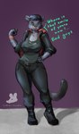 anthro boots bottomwear clothed clothing dialogue female footwear fur grey_body grey_fur hat headgear headwear jacket looking_at_viewer markings open_clothing open_jacket open_topwear pants shirt shoes simple_background smile solo spots tail text topwear pecivalrat dreamworks the_bad_guys the_bad_guys_2 kitty_kat_(bad_guys) felid mammal pantherine snow_leopard absurd_res digital_media_(artwork) english_text hi_res