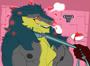 5_fingers anthro claws collar collar_only duo fangs finger_claws fingerpads fingers fluffy fur green_body green_fur grey_body grey_fur heart_symbol leash leash_pull leashed_collar male male/male multicolored_body multicolored_fur muscular muscular_male nipples nude pawpads smile solo_focus teeth yellow_body yellow_fur ryanyeen brom_(sahurus) lusker canid canine fox mammal sergal hi_res
