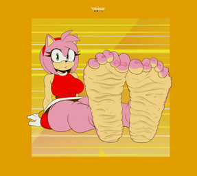 5_toes accessory anthro barefoot big_breasts big_feet bracelet breasts clothing colored_nails colored_toenails confusion curling_toes dress feet female foot_fetish foot_focus gloves green_eyes hair_accessory hairband hands_on_ground handwear humanoid_feet jewelry looking_at_viewer looking_back multicolored_body nails pink_body pink_nails pink_skin pink_toenails plantigrade red_clothing red_dress simple_background sitting soles solo thick_thighs toenails toes two_tone_feet white_clothing white_gloves white_handwear wrinkled_feet wrinkles elricalde sega sonic_the_hedgehog_(series) amy_rose eulipotyphlan hedgehog mammal absurd_res hi_res