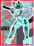 4_toes 5_fingers anthro blue_body blue_eyes blush breasts claws featureless_breasts featureless_crotch feet female fingers fur gun hair machine markings ranged_weapon red_body simple_background smile solo text toes turquoise_hair weapon white_body quiverthorn protogen 3:4 digital_media_(artwork) hi_res