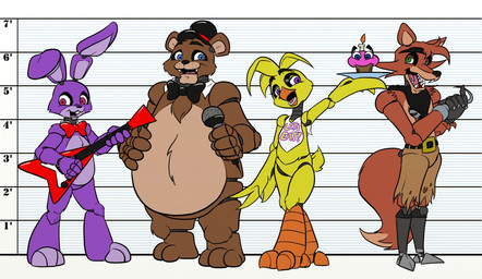 anthro beak bib bow_(feature) bow_tie clothing electric_guitar electronics exposed_endoskeleton eye_patch eyewear female group guitar hat headgear headwear hook hook_hand machine male microphone musical_instrument pirate playing_guitar playing_music plucked_string_instrument string_instrument top_hat muniversalarts five_nights_at_freddy's scottgames bonnie_(fnaf) chica_(fnaf) classic_chica_(fnaf) cupcake_(fnaf) foxy_(fnaf) freddy_(fnaf) animatronic avian bear bird canid canine chicken fox galliform lagomorph leporid mammal phasianid rabbit robot