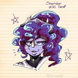 anthro biped clothed clothed_anthro clothed_female clothing curly_hair eyebrow_through_hair eyebrows facial_horn female frill_(anatomy) front_view hair half-closed_eyes horn long_hair looking_aside markings narrowed_eyes open_mouth pattern_background purple_body purple_eyes purple_hair raised_eyebrows simple_background solo spots spotted_markings star striped_background text translucent translucent_hair by:_muun cavemanon_studios snoot_game fan_character sera_(snoot_game) ceratopsian ceratopsid chasmosaurine dinosaur marginocephalian ornithischian prehistoric_species reptile scalie triceratops 1:1 2025 absurd_res artist_name bust_portrait character_name colored guide_lines hi_res portrait shaded