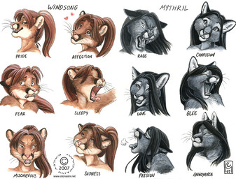 anthro black_hair black_nose comparison confusion duo emotion_chart fangs female hair heart_symbol love pink_nose pose sad scared simple_background teeth text tired white_background kacey mythril windsong chakat cougar felid felid_taur feline mammal mammal_taur taur 2007 english_text expression_sheet herm_(lore)