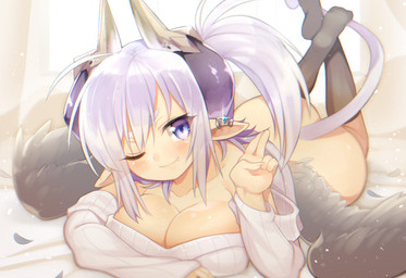 blush cute_fangs ear_piercing ear_ring fangs feathered_wings feathers female horn looking_at_viewer lying not_furry one_eye_closed piercing ring_piercing smile solo teeth wings wink mofuaki humanoid winged_humanoid 2015