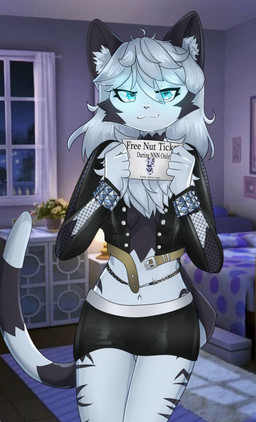 anthro bed bedroom_eyes blue_eyes body_hair bottomwear cheek_tuft chest_hair clothed clothing facial_tuft female fully_clothed furniture humor inner_ear_fluff markings narrowed_eyes navel nut_pass open_clothing open_topwear seductive skirt slim solo stripes tail tail_markings ticket topwear tuft callmebekky no_nut_november kazllab_(character) felid feline mammal pantherine tiger hi_res meme