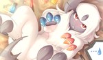 2021 3_fingers absol absurd_res blush chest_tuft claws colored_claws colored_nails dated detailed_background digital_media_(artwork) female feral finger_claws fingers fur generation_3_pokemon glistening grey_body grey_fur hair hi_res looking_at_viewer lute_(zinfyu) multicolored_body multicolored_fur nails nintendo nude pawpads pokemon pokemon_(species) red_eyes shaded signature solo spread_legs spreading tail toe_claws tuft white_body white_fur white_hair year zinfyu