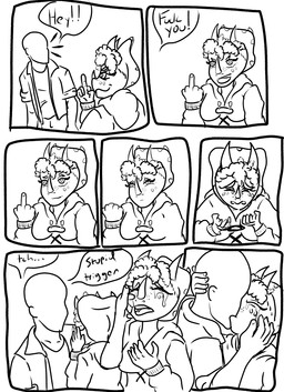 anthro bald bodily_fluids clothed clothing crying dialogue duo facial_horn fantasy_slur featureless_face female gesture hair hand_gesture hoodie horn humor kiss_on_lips kissing male middle_finger simple_background tears text topwear white_background stillzero cavemanon_studios goodbye_volcano_high ko_op_(game_developer) snoot_game anon_(snoot_game) trish_(gvh) ceratopsian ceratopsid chasmosaurine dinosaur human mammal marginocephalian ornithischian prehistoric_species reptile scalie triceratops comic english_text meme monochrome