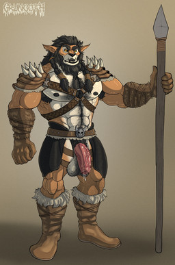 abs anthro armor armpit_hair balls beard belt big_balls big_penis black_beard black_facial_hair black_hair black_nipples black_pubes bodily_fluids body_hair boots braided_hair chest_hair chest_tuft clothing cum ear_piercing ear_ring eye_scar facial_hair facial_scar feet footwear foreskin fur genital_fluids genitals hair hairy_armpits hairy_balls half-erect happy_trail harness humanoid_genitalia humanoid_penis leaking_cum leaking_precum leather leather_boots leather_clothing leather_footwear leather_harness male melee_weapon mostly_nude_anthro mostly_nude_male muscular muscular_anthro muscular_male nipples pauldron pecs penis piercing pink_penis polearm precum pubes ring_piercing scar shoes shoulder_pads solo spear spiked_pauldron sweat sweaty_feet tan_body tan_fur tuft tusks vein veiny_penis weapon yellow_eyes grungotharts dungeons_and_dragons hasbro wizards_of_the_coast ghunnar bugbear hi_res