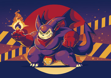 anthro belly bulge claws clothing fire fireball gesture gloves green_eyes grin hand_gesture handwear kerchief male middle_finger neckerchief neckwear overweight purple_body smile solo spade_tail speedo swimwear tail wings greenendorf bandai_namco digimon digimon_(species) impmon