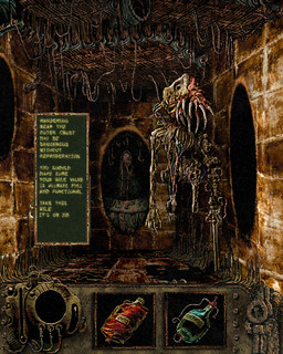 ambiguous_gender cable detailed_background dialogue horror_(theme) not_furry science_fiction sharp_teeth solo teeth text text_box wire plastiboo godhusk eve_(godhusk) biomechanical humanoid monster vessel_(godhusk) digital_media_(artwork) english_text hi_res official_art