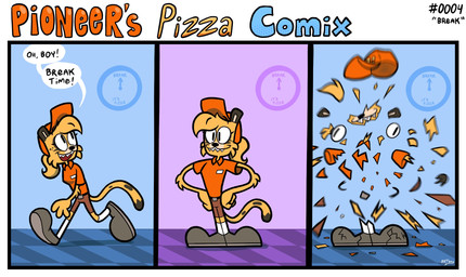 anthro braces clothed clothed_anthro clothed_female clothing delivery_(commerce) delivery_employee dialogue explosion female fully_clothed fully_clothed_anthro fully_clothed_female fur solo speech_bubble spots text work_uniform yellow_body yellow_fur anotherartboy pioneer's_pizza chazz_mccheetah cheetah felid feline mammal comic english_text hi_res