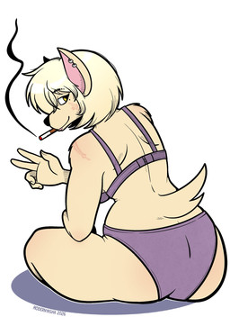 anthro cigarette clothed clothing female looking_at_viewer panties rear_view scar sitting smoking smoking_cigarette solo underwear underwear_only modernyasha jackknife_(modernyasha) canid canine mammal hi_res
