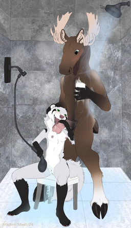 anthro antlers areola biped blush breasts claws cloven_hooves digitigrade duo erection eye_contact female furniture genitals green_eyes hand_on_head hooves horn licking looking_at_another male male/female nipples oral penile penis penis_lick sex shower shower_sex sitting sitting_on_stool sitting_sex soap standing steam stool toe_claws tongue conditional_dnp fricken_stoat fret moose_mower deer mammal moose mustelid musteline new_world_deer stoat true_musteline weasel absurd_res hi_res