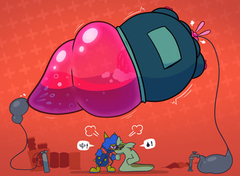 air_inflation angry blue_clothing blue_suit butter clothing dairy_products food green_clothing green_hoodie green_topwear hoodie hose hose_in_mouth hose_in_tail hose_inflation inflation liquid_inflation motion_lines pancake pattern_background red_background simple_background suit topwear tube_bulge water_inflation guffindoesart antiguff flapjack_(areoants) glob_(dilliedragon) annelid arthropod bee gastropod hymenopteran insect leech mollusk slug worm 2025 hi_res