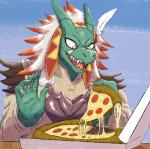 5_fingers armor cheese clothing dairy_products disappointed fangs fingers food green_body green_scales horn male melted_cheese pizza scales solo teeth 60percentscalie goblin_slayer lizard_priest_(goblin_slayer) lizardman reptile scalie