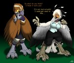 4_toes accipitrid accipitriform anisodactyl anthro avian avian_feet beak bird bottomwear breasts catmonkshiro claws clothing duo english_text feet female furgonomics hi_res non-mammal_breasts secretary_bird secretary_bird_kauko skirt tail tail_through_skirt text toes transformation