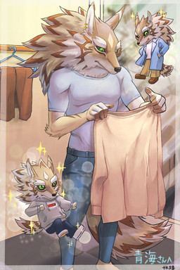 anthro black_sclera chibi countershading detailed_background dressing fur green_eyes laundry male multicolored_body multicolored_fur solo takasagoooo lifewonders tokyo_afterschool_summoners seth_(tas) canid canine canis jackal mammal hi_res