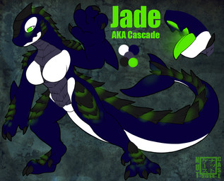 4_fingers 4_toes anthro arm_fin black_claws blue_body blue_skin breasts claws countershading dark_body dark_skin featureless_breasts feet female fin fingers glowing glowing_eyes green_eyes green_tongue long_tail non-mammal_breasts radioactive raised_arm sad simple_background solo spines tail textured_background toes tongue tongue_out white_body white_countershading nut-case rismic jade_"cascade" aquatic cetacean dolphin kaiju mammal oceanic_dolphin orca toothed_whale 2014 digital_media_(artwork) model_sheet watermark