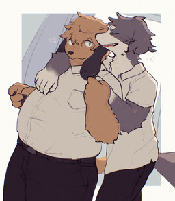 5_fingers anthro belt blush blush_lines duo eyes_closed fingers fur gloves_(marking) male male/male markings multicolored_body multicolored_fur overweight simple_background standing taka_fin9623 smell_(mucknagabe) joseph_(mucknagabe) noi_(mucknagabe) bloodhound border_collie canid canine canis collie domestic_dog herding_dog hunting_dog mammal pastoral_dog scent_hound sheepdog hi_res