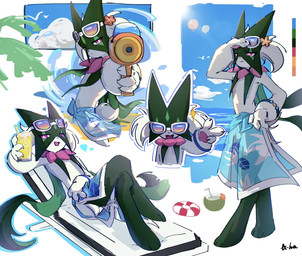 accessory ambiguous_gender animal_hands beach_towel black_body black_fur blue_sky body_fur bracelet cape clothing eyewear_on_head flower flower_in_hair fur green_body green_fur green_hair hair hair_accessory half-closed_eyes jewelry looking_at_another looking_at_viewer lying mask multicolored_body multicolored_fur multiple_angles narrowed_eyes on_back open_mouth orange_flower other_focus pawpads pearl_bracelet pink_eyes plant purple_tinted_eyewear short_hair short_tail simple_background sky smile solo standing tail tinted_eyewear towel towel_around_waist toy toy_gun two_tone_body two_tone_fur water_gun white_background white_framed_eyewear uuuuuuumbreon nintendo pokemon beach_style_meowscarada generation_9_pokemon meowscarada pokemon_(species) full-length_portrait half-length_portrait hi_res portrait